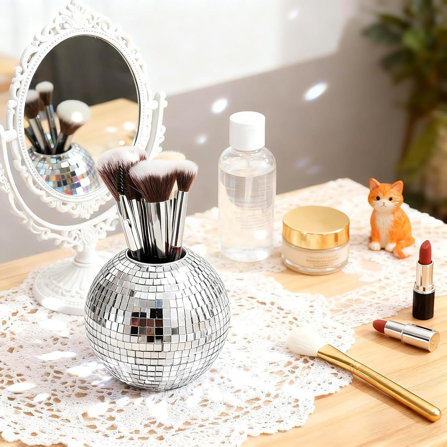 2 Pack Disco Ball Pencil Holder for Desk, 4 Inch Pen Organizer with Silver Sequins, Shiny Plastic Makeup Brush Holder, Sparkling Mirror Glass Flower Pot Cup Home Office Classroom Decor