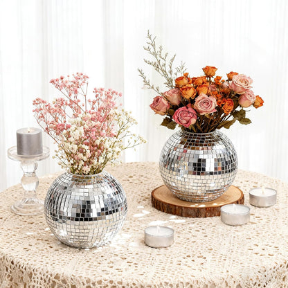 2 Pack Disco Ball Pencil Holder for Desk, 4 Inch Pen Organizer with Silver Sequins, Shiny Plastic Makeup Brush Holder, Sparkling Mirror Glass Flower Pot Cup Home Office Classroom Decor