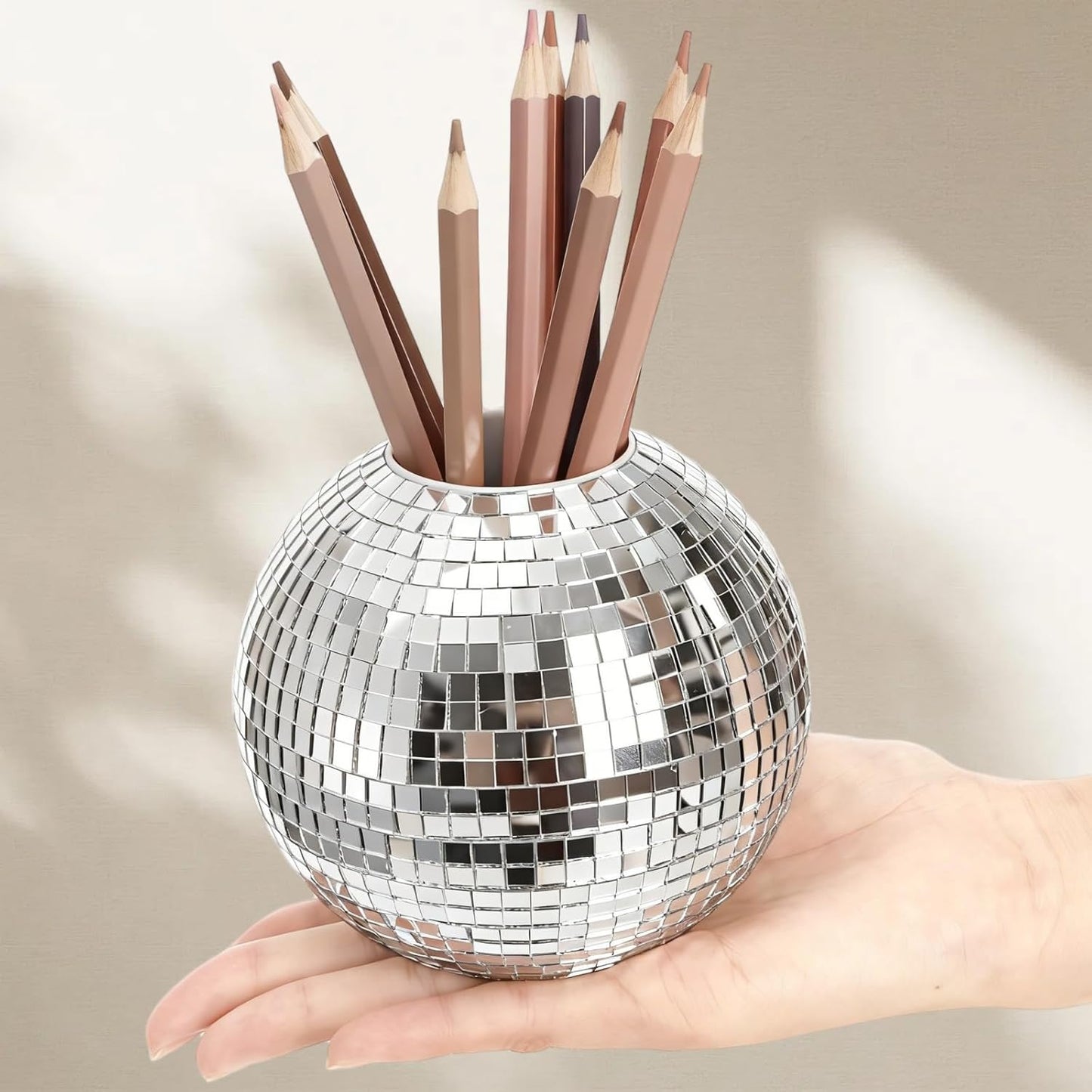 2 Pack Disco Ball Pencil Holder for Desk, 4 Inch Pen Organizer with Silver Sequins, Shiny Plastic Makeup Brush Holder, Sparkling Mirror Glass Flower Pot Cup Home Office Classroom Decor
