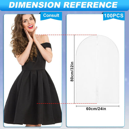 100 Pcs 24'' x 32'' Clear Garment Bags Full Zipper Suit Lightweight Clothes Cover for Hanging PEVA Protectors Breathable Dust Plastic