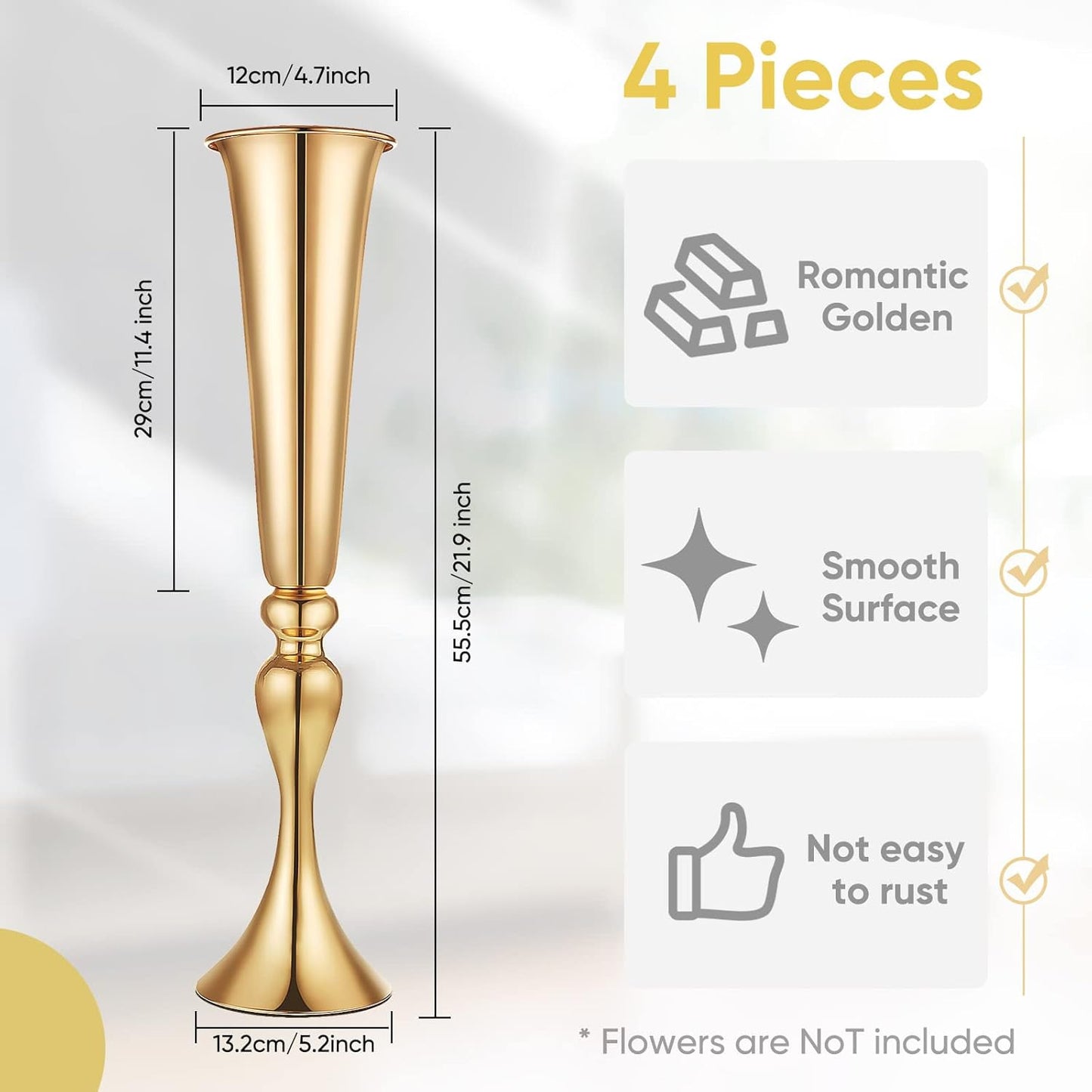 4 Pieces 22 Inch Tall Gold Trumpet Vases for Centerpieces, Wedding Flower Stand, Floral Stand Display Rack Tables, Dinner Party, Anniversary Ceremony Birthday Event Decor