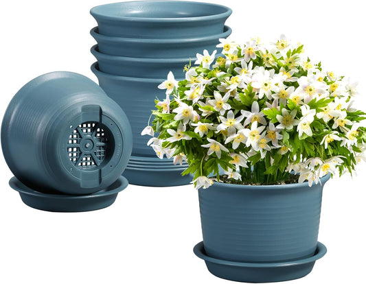 6 Pack Flower Pots for Indoor Plants, Plant with Drainage Hole and Tray Saucer, 7" Pot, inch Planters Plants(Bluish Gray) Bluish Gray 7inch