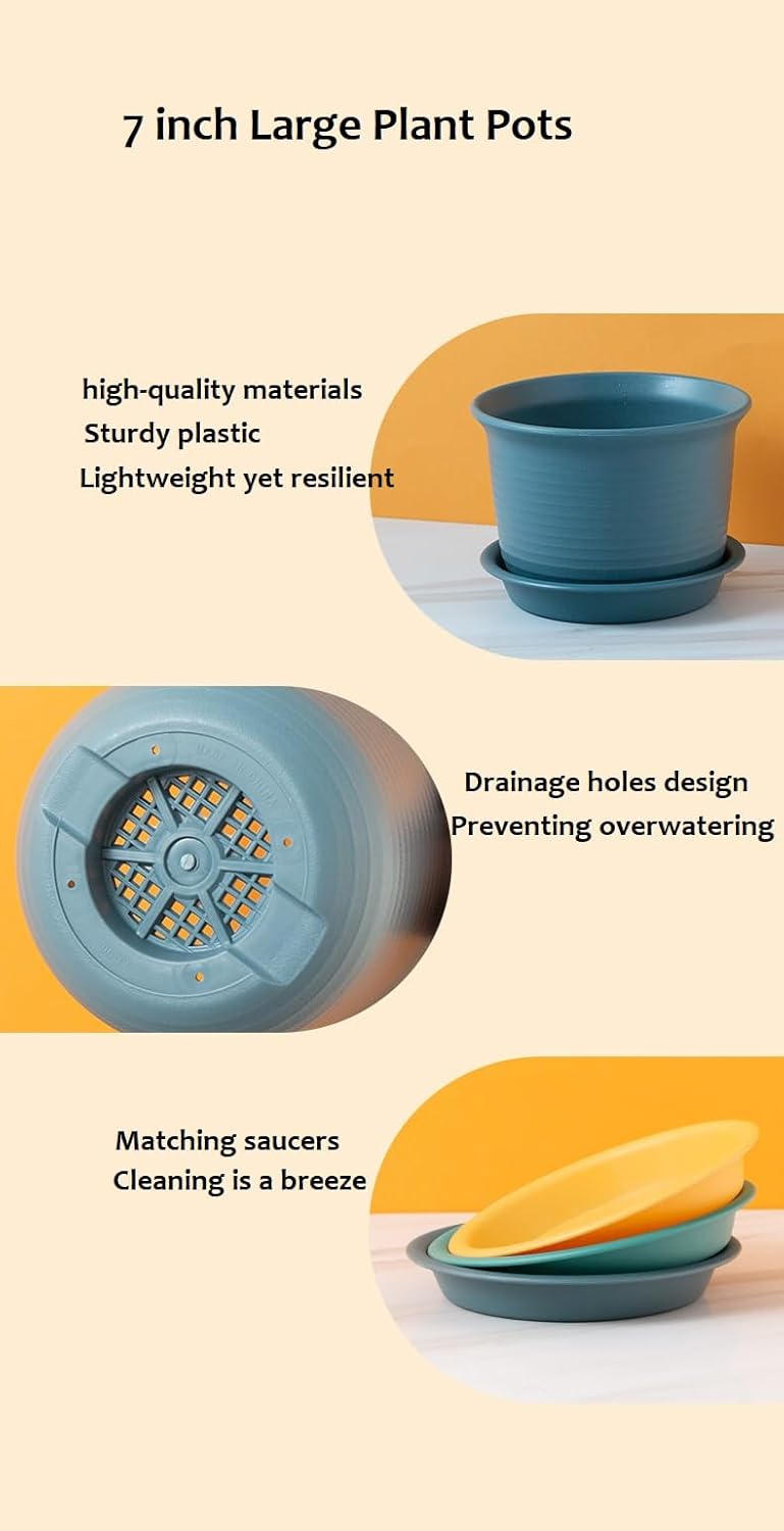6 Pack Flower Pots for Indoor Plants, Plant with Drainage Hole and Tray Saucer, 7" Pot, inch Planters Plants(Bluish Gray) Bluish Gray 7inch