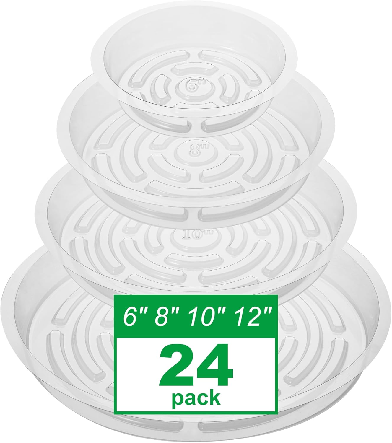 Petluno 24 Pack Clear Plant Saucers - 6, 8, 10, 12 Inch Plastic Trays for Pots, Flower Pot Saucers, Indoor & Outdoor Planter Drip Tray Water Drainage Protection  6",8",10",12"-