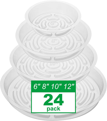 Petluno 24 Pack Clear Plant Saucers - 6, 8, 10, 12 Inch Plastic Trays for Pots, Flower Pot Saucers, Indoor & Outdoor Planter Drip Tray Water Drainage Protection  6",8",10",12"-