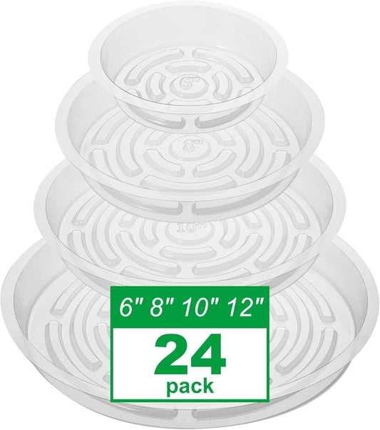 Petluno 24 Pack Clear Plant Saucers - 6, 8, 10, 12 Inch Plastic Trays for Pots, Flower Pot Saucers, Indoor & Outdoor Planter Drip Tray Water Drainage Protection  6",8",10",12"-