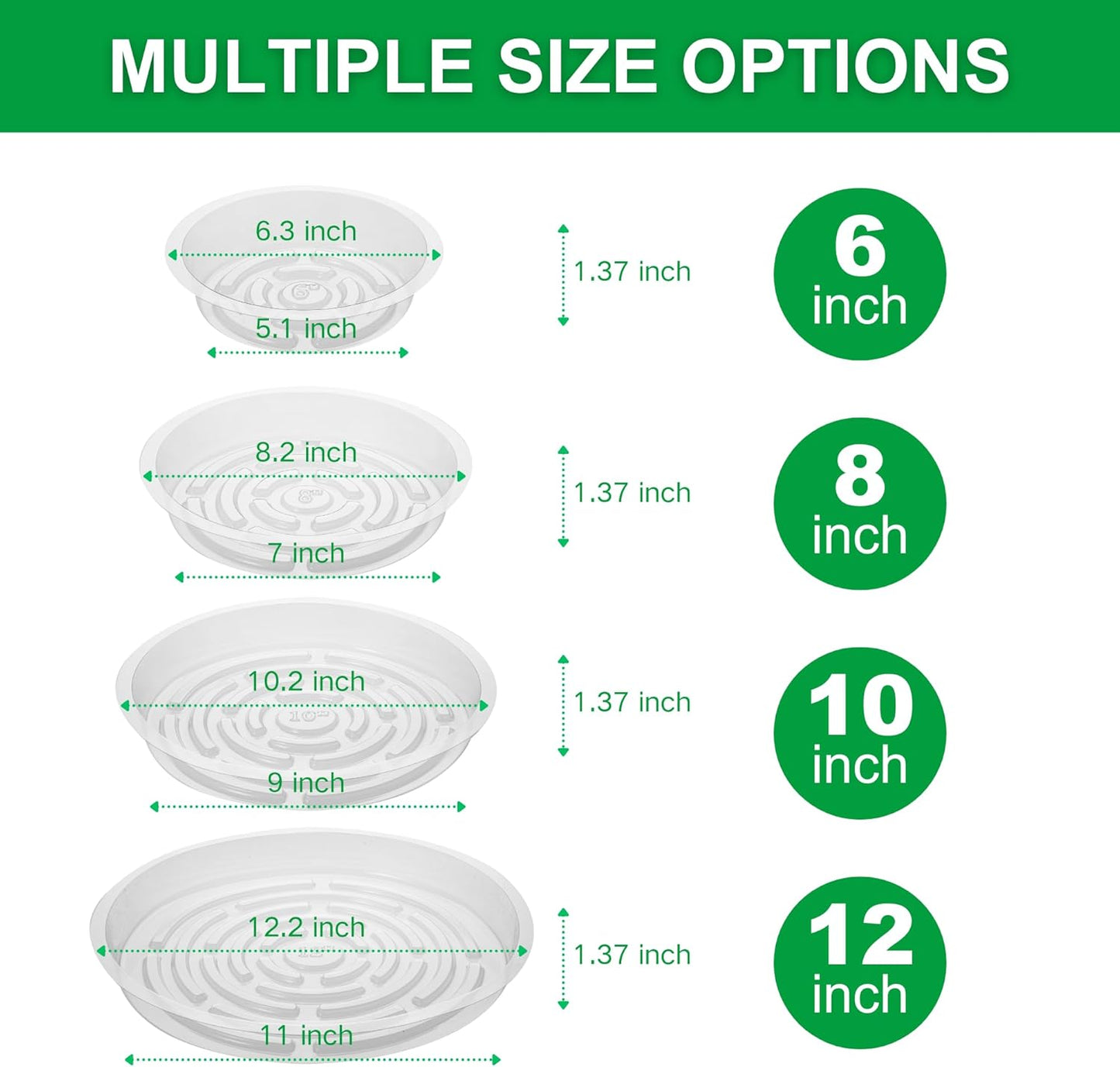 Petluno 24 Pack Clear Plant Saucers - 6, 8, 10, 12 Inch Plastic Trays for Pots, Flower Pot Saucers, Indoor & Outdoor Planter Drip Tray Water Drainage Protection  6",8",10",12"-