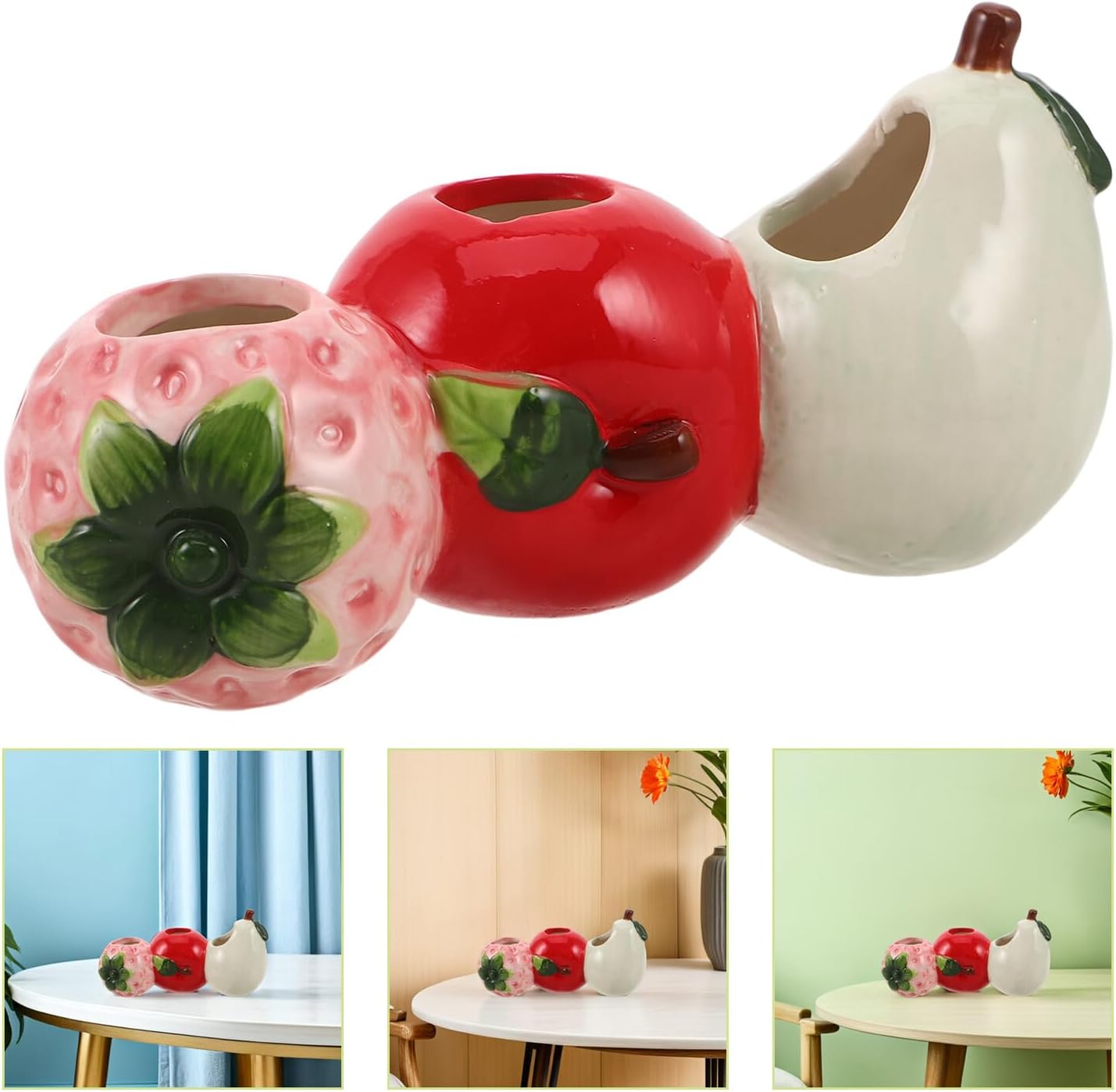 Petluno Ceramic Vase in Strawberry Shape Sturdy Durable Flower Pot for Hydroponic Cuttings Decorative Fruit Vase Kitchen Office Shelf Accents