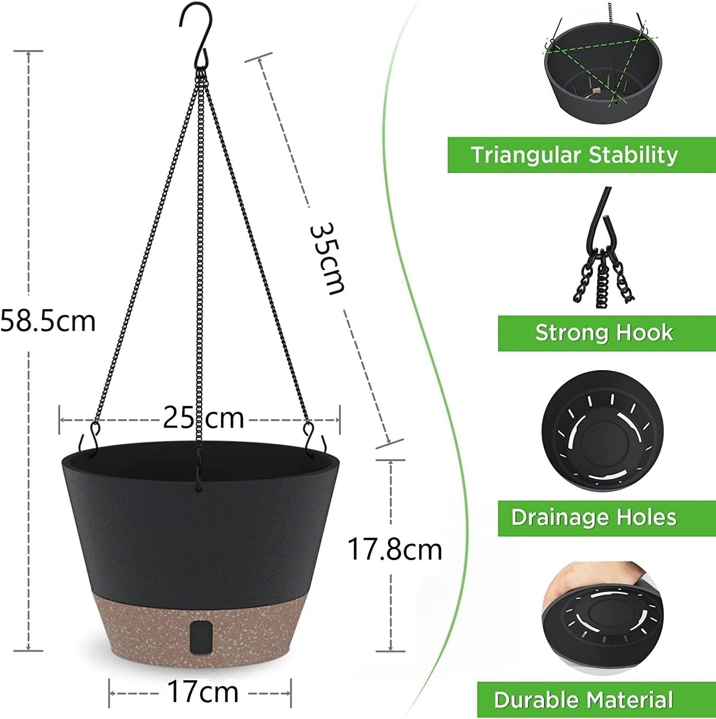 Petluno Hanging Lamps, set of 3, diameter 25 cm, flowers, hanging pot, plastic flower pots for outdoor use with outdoor saucer, garden decoration, balcony, living room (3 colours)