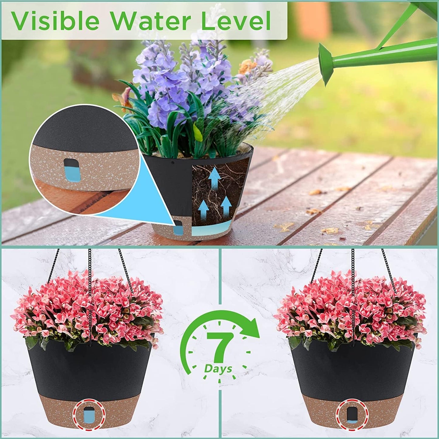 Petluno Hanging Lamps, set of 3, diameter 25 cm, flowers, hanging pot, plastic flower pots for outdoor use with outdoor saucer, garden decoration, balcony, living room (3 colours)