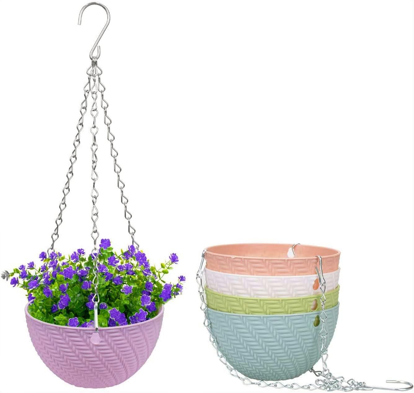 Petluno Set of 5 Hanging Flower Pots for Balcony, Plastic with Chain Hook, Plants, Flowers, Herbs, Colours