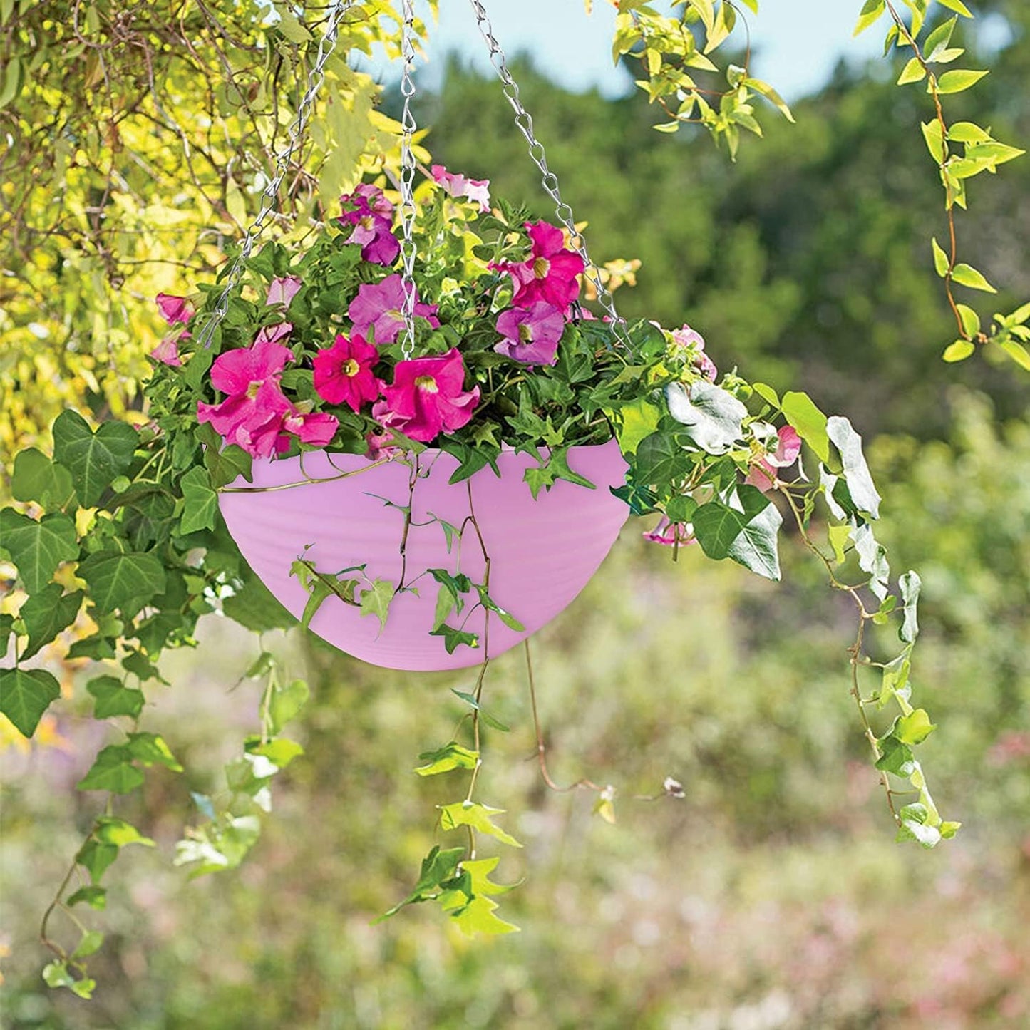 Petluno Set of 5 Hanging Flower Pots for Balcony, Plastic with Chain Hook, Plants, Flowers, Herbs, Colours