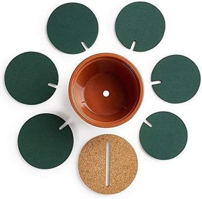Flee 6-Piece Green Coaster Set with Flower Pot Shaped Holder for Drinks,Coffee,Cup