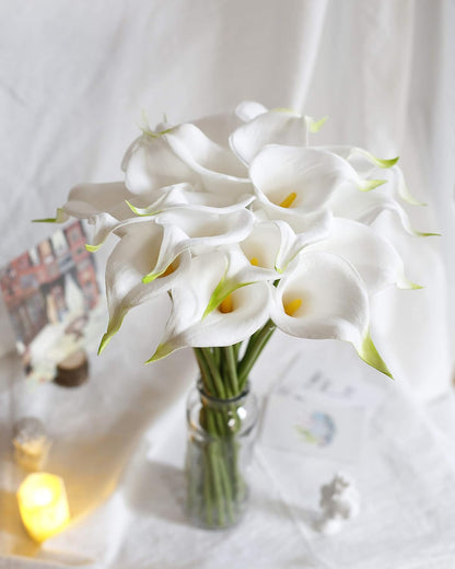 20Pcs Artificial Calla Lily Flower Real Touch Latex Flowers for DIY Wedding Bouquet Party Home Decor (White-Yellow Core)