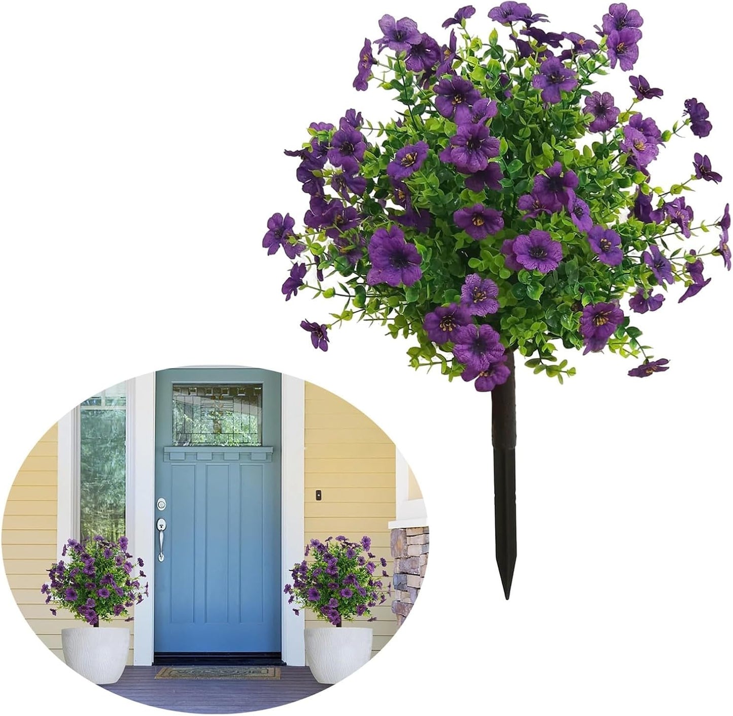 Artificial Boxwood Topiary Balls Trees with Flowers for Outdoor Fake Plants with Ground Spike 24 Inch Resistant Faux Greenery Shrubs Faux Plants for Front Door Garden Yard Porch Patio Decor (Purple)