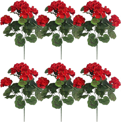6Pcs Artificial Geraniums 14 Inch Lifelike Artificial Flowers with Adjustable Branches Long Lasting Vibrant Silk Geranium for Indoor, Outdoor, Red
