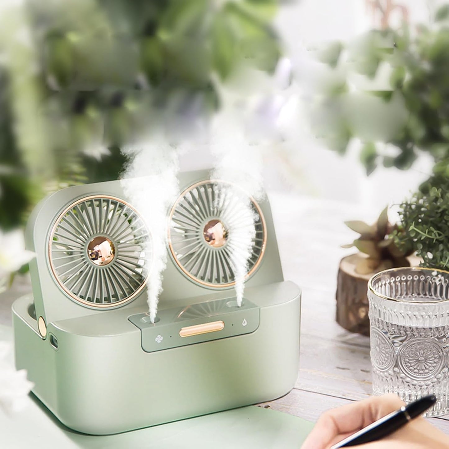 1.4L 2 in 1 Humidifier Fan USB Rechargeable 4000mAh Ultra-quiet Dual Head Cooling Fan Desktop Air Coolers Air Conditioner Humidifier