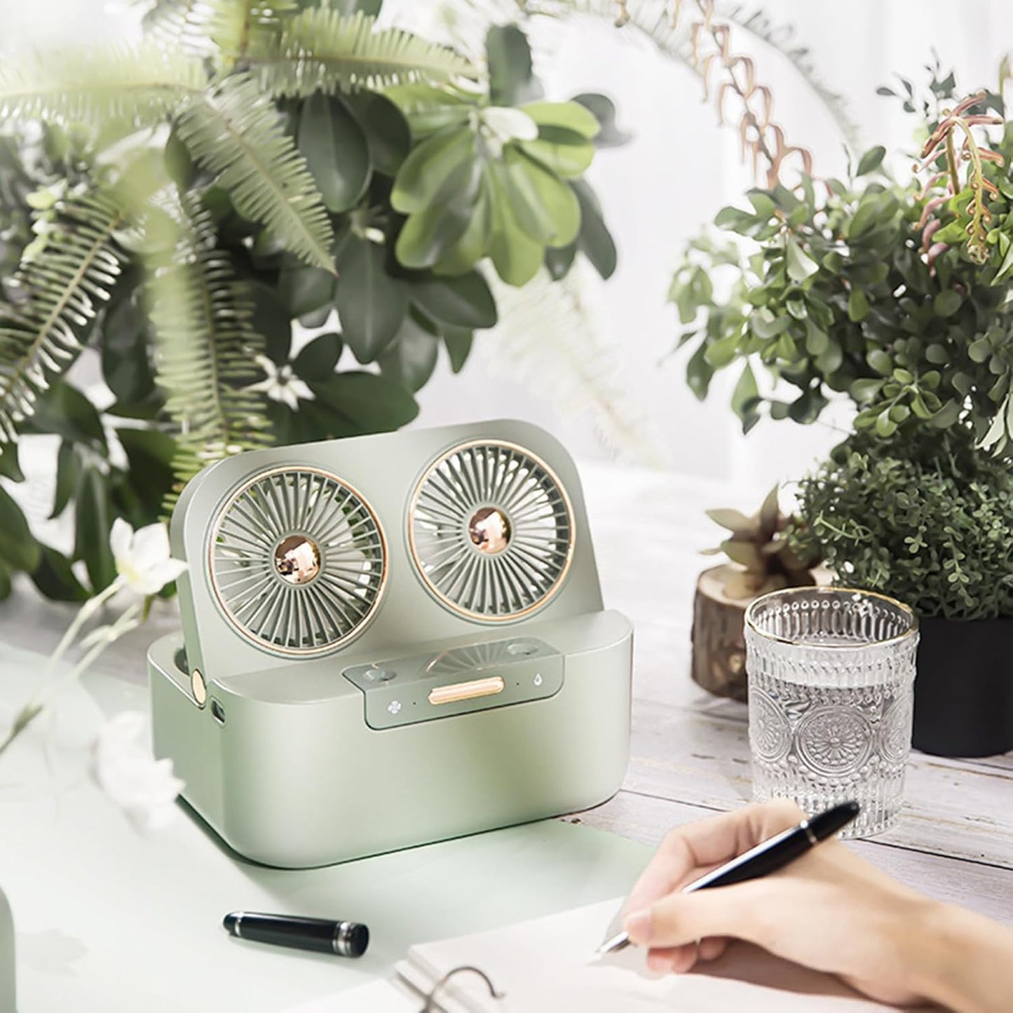 1.4L 2 in 1 Humidifier Fan USB Rechargeable 4000mAh Ultra-quiet Dual Head Cooling Fan Desktop Air Coolers Air Conditioner Humidifier