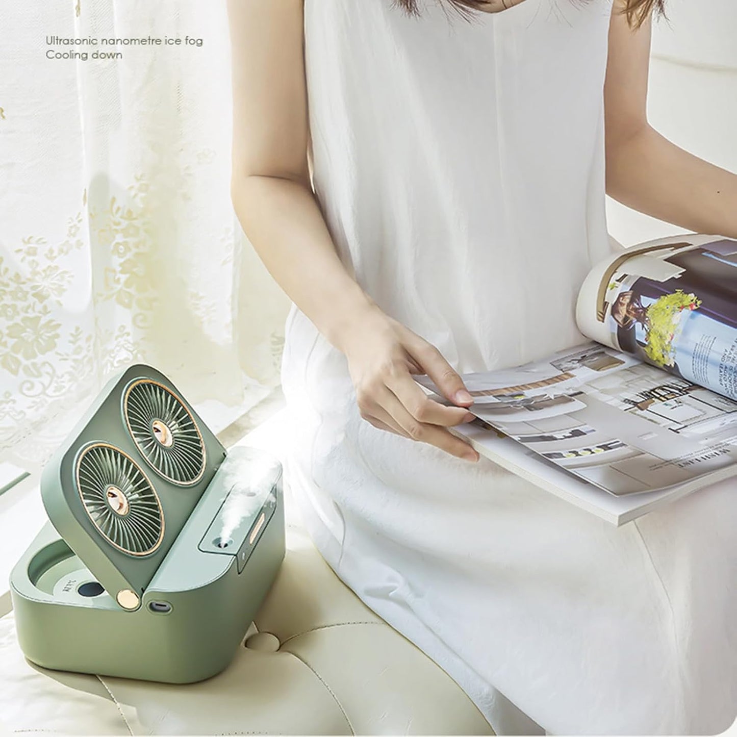 1.4L 2 in 1 Humidifier Fan USB Rechargeable 4000mAh Ultra-quiet Dual Head Cooling Fan Desktop Air Coolers Air Conditioner Humidifier