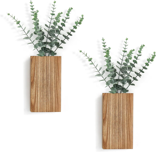 2 Pack Wood Wall Planter Vase with Artificial Eucalyptus Farmhouse Wall Hanging Decor Pocket Planter for Indoor Fake Plants Greenery Flowers, livingroom Bedroom Kitchen Home Office Decoration