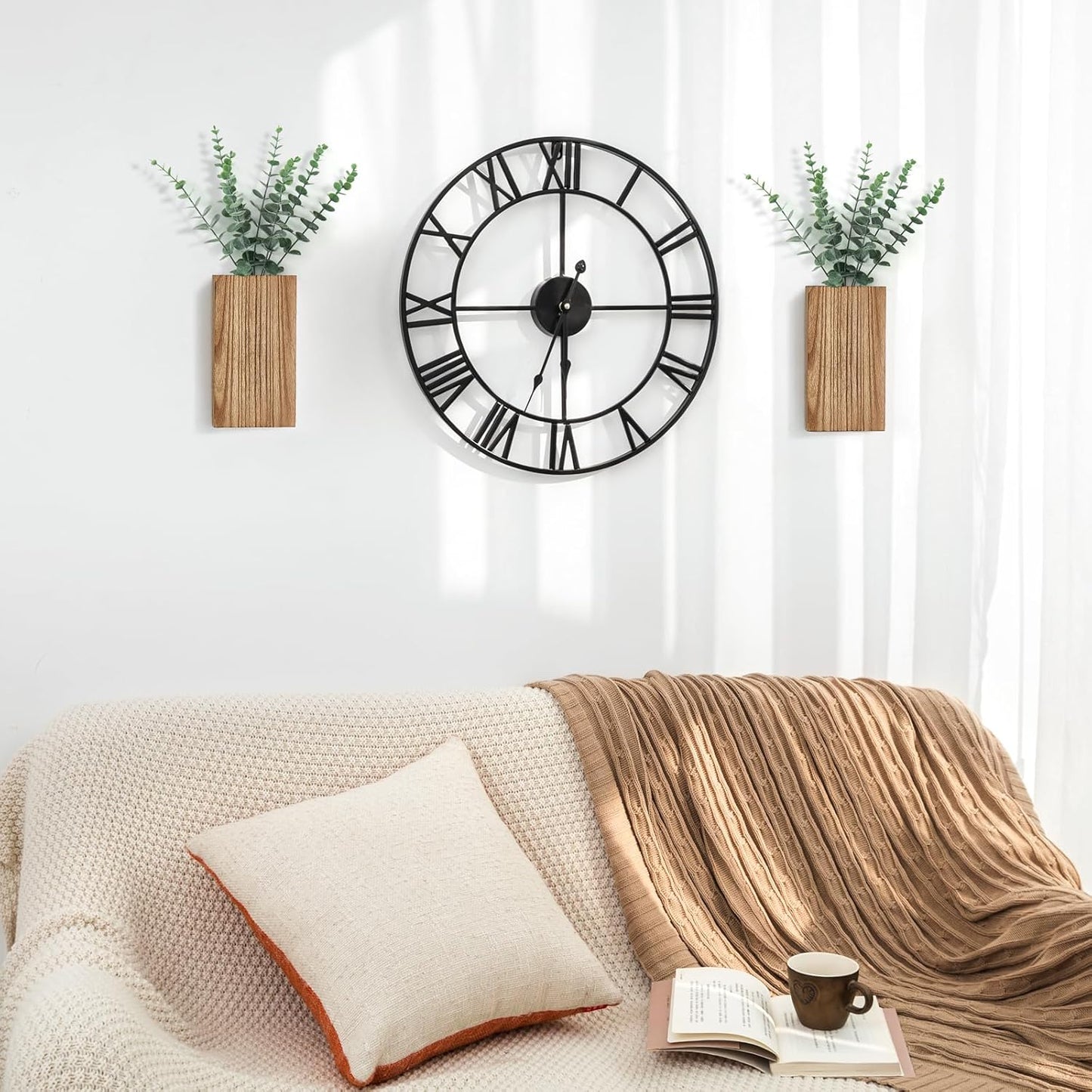 2 Pack Wood Wall Planter Vase with Artificial Eucalyptus Farmhouse Wall Hanging Decor Pocket Planter for Indoor Fake Plants Greenery Flowers, livingroom Bedroom Kitchen Home Office Decoration