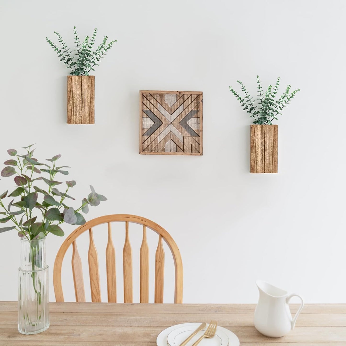 2 Pack Wood Wall Planter Vase with Artificial Eucalyptus Farmhouse Wall Hanging Decor Pocket Planter for Indoor Fake Plants Greenery Flowers, livingroom Bedroom Kitchen Home Office Decoration