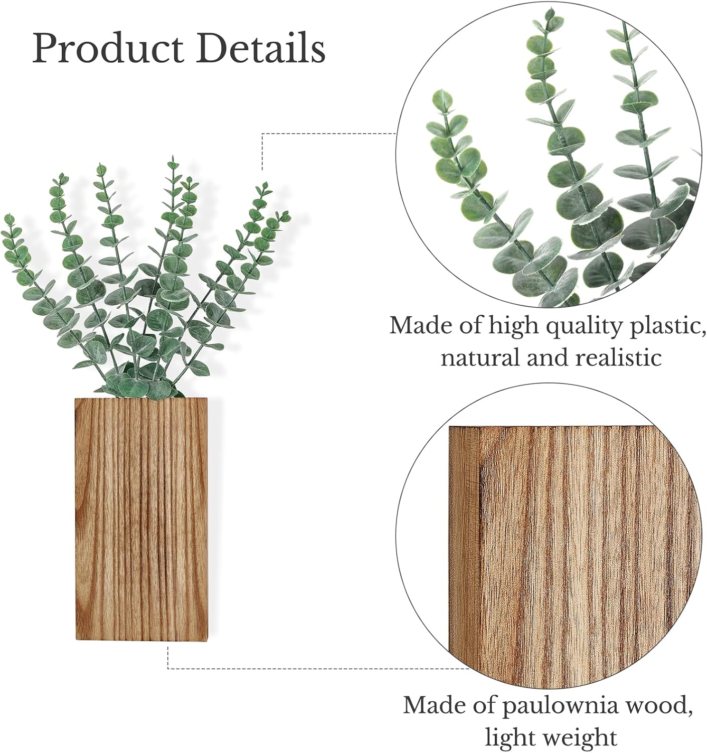 2 Pack Wood Wall Planter Vase with Artificial Eucalyptus Farmhouse Wall Hanging Decor Pocket Planter for Indoor Fake Plants Greenery Flowers, livingroom Bedroom Kitchen Home Office Decoration