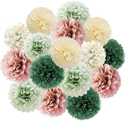 Sage Green Tissue Paper Pompom Decorations 16pcs Sage Green and Dusty Rose Flowers Olive Sage Green Party Decorations for Dusty Rose Bridal Shower Baby Shower Bachelorette Wedding Birthday Engagement