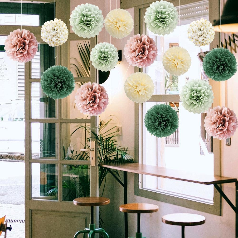 Sage Green Tissue Paper Pompom Decorations 16pcs Sage Green and Dusty Rose Flowers Olive Sage Green Party Decorations for Dusty Rose Bridal Shower Baby Shower Bachelorette Wedding Birthday Engagement