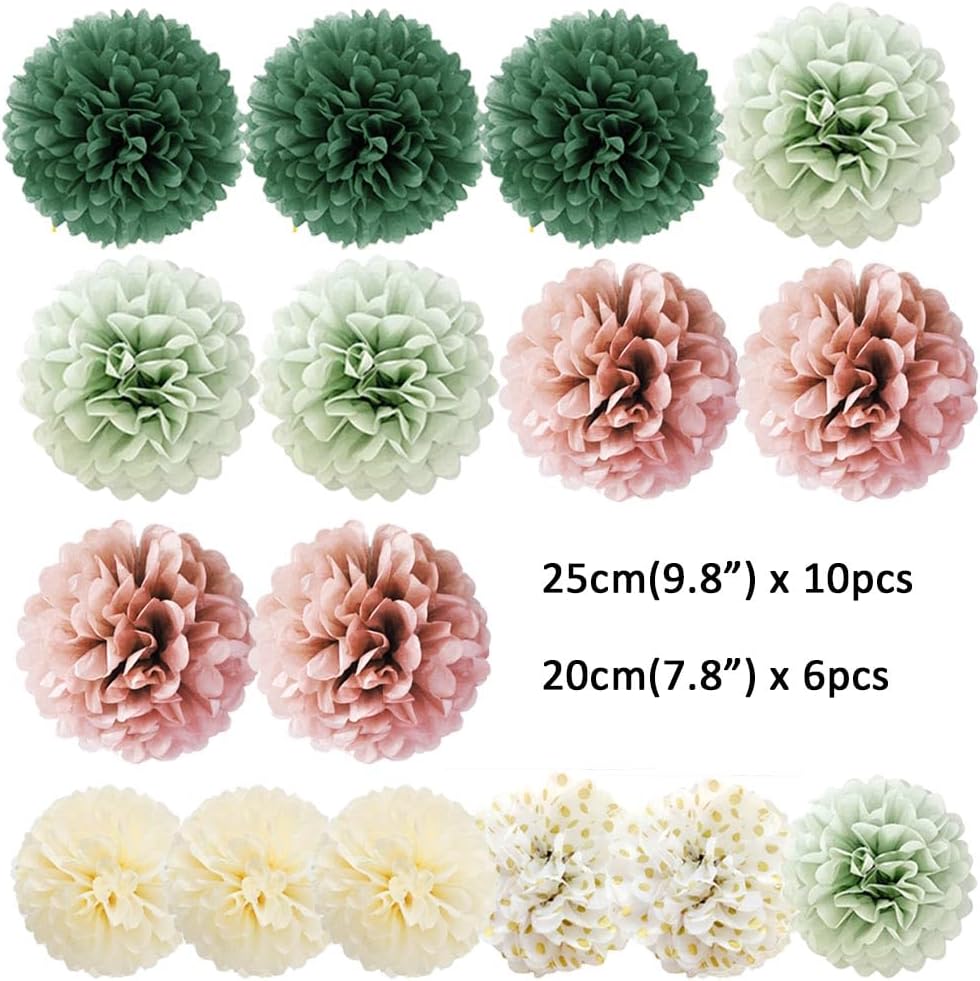Sage Green Tissue Paper Pompom Decorations 16pcs Sage Green and Dusty Rose Flowers Olive Sage Green Party Decorations for Dusty Rose Bridal Shower Baby Shower Bachelorette Wedding Birthday Engagement