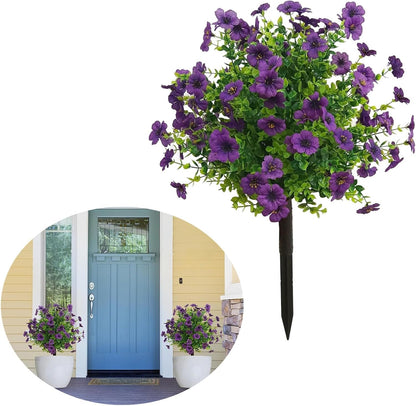 Artificial Boxwood Topiary Balls Trees with Flowers for Outdoor Fake Plants with Ground Spike 24 Inch Resistant Faux Greenery Shrubs Faux Plants for Front Door Garden Yard Porch Patio Decor (Purple)