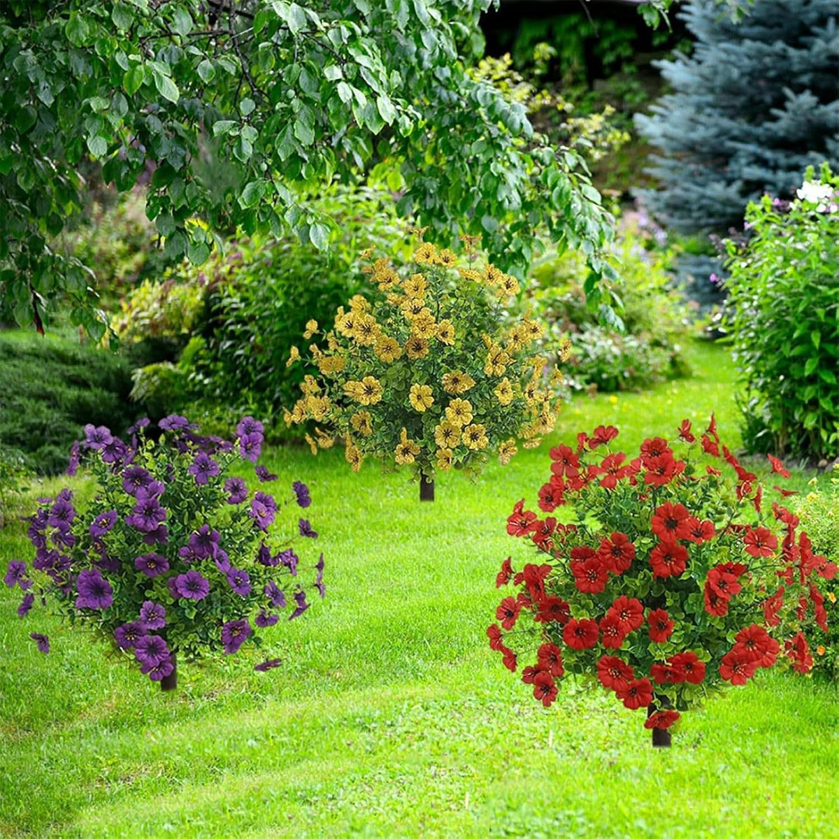 Artificial Boxwood Topiary Balls Trees with Flowers for Outdoor Fake Plants with Ground Spike 24 Inch Resistant Faux Greenery Shrubs Faux Plants for Front Door Garden Yard Porch Patio Decor (Purple)