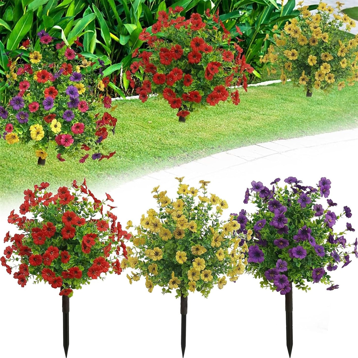 Artificial Boxwood Topiary Balls Trees with Flowers for Outdoor Fake Plants with Ground Spike 24 Inch Resistant Faux Greenery Shrubs Faux Plants for Front Door Garden Yard Porch Patio Decor (Purple)
