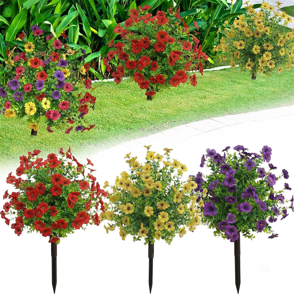 Artificial Boxwood Topiary Balls Trees with Flowers for Outdoor Fake Plants with Ground Spike 24 Inch Resistant Faux Greenery Shrubs Faux Plants for Front Door Garden Yard Porch Patio Decor (Purple)