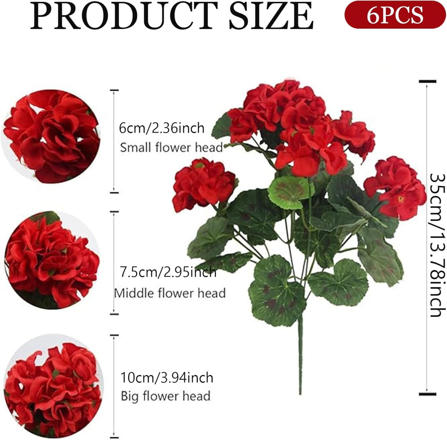 6Pcs Artificial Geraniums 14 Inch Lifelike Artificial Flowers with Adjustable Branches Long Lasting Vibrant Silk Geranium for Indoor Outdoor Red Faux Flower