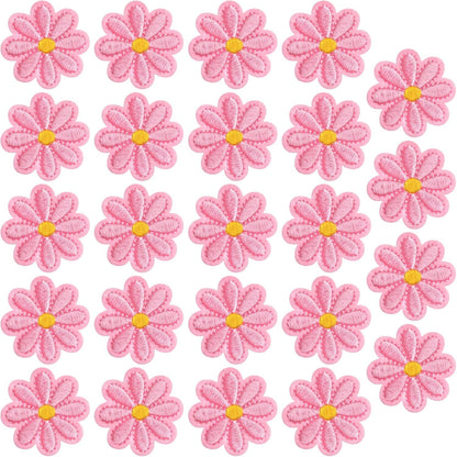 24pcs Flower Iron on Patches, Cute Daisy Flower Patch for Clothes, Sew on Embroidered Applique Patch, Sewing Floral Patches for Clothes Jeans Jackets Bags - Pink (4x4cm)