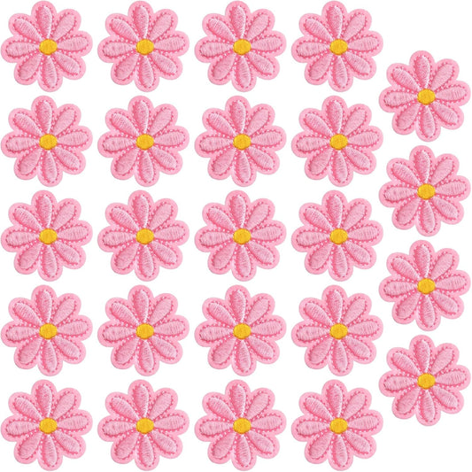 24pcs Flower Iron on Patches, Cute Daisy Flower Patch for Clothes, Sew on Embroidered Applique Patch, Sewing Floral Patches for Clothes Jeans Jackets Bags - Pink (4x4cm)