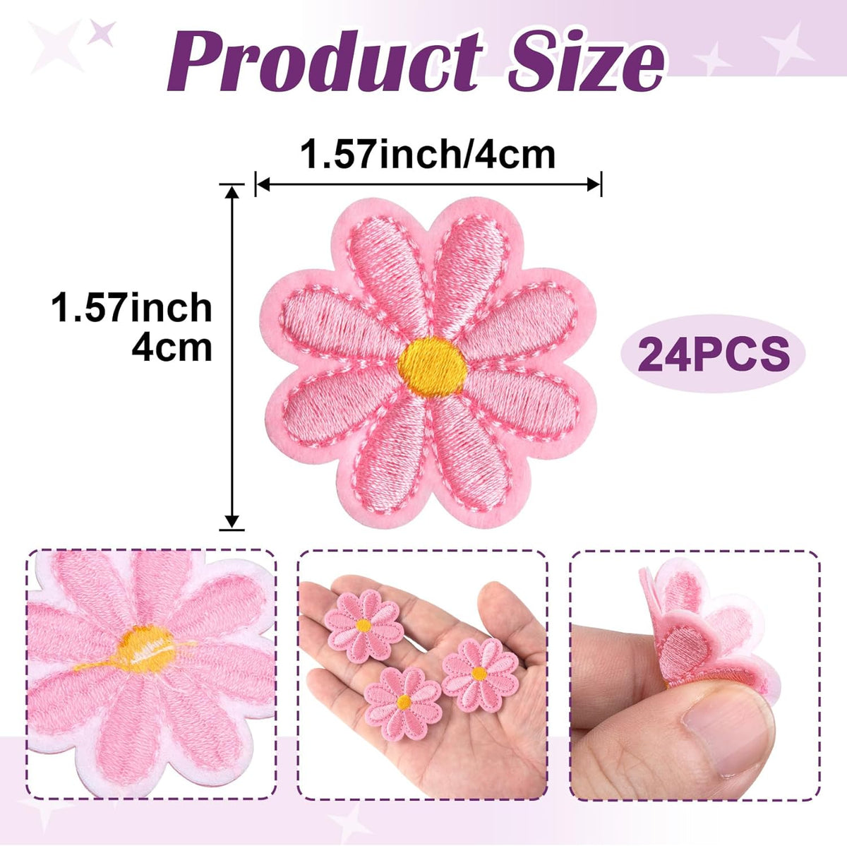24pcs Flower Iron on Patches, Cute Daisy Flower Patch for Clothes, Sew on Embroidered Applique Patch, Sewing Floral Patches for Clothes Jeans Jackets Bags - Pink (4x4cm)