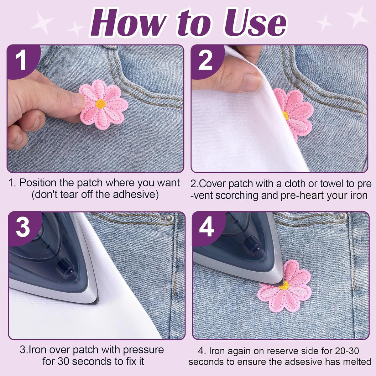 24pcs Flower Iron on Patches, Cute Daisy Flower Patch for Clothes, Sew on Embroidered Applique Patch, Sewing Floral Patches for Clothes Jeans Jackets Bags - Pink (4x4cm)