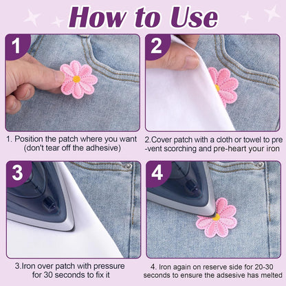 24pcs Flower Iron on Patches, Cute Daisy Flower Patch for Clothes, Sew on Embroidered Applique Patch, Sewing Floral Patches for Clothes Jeans Jackets Bags - Pink (4x4cm)