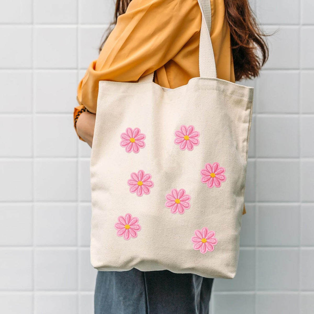 24pcs Flower Iron on Patches, Cute Daisy Flower Patch for Clothes, Sew on Embroidered Applique Patch, Sewing Floral Patches for Clothes Jeans Jackets Bags - Pink (4x4cm)