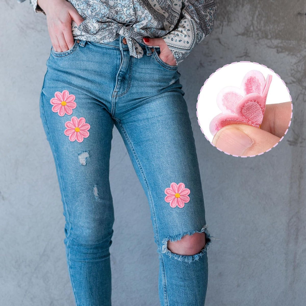 24pcs Flower Iron on Patches, Cute Daisy Flower Patch for Clothes, Sew on Embroidered Applique Patch, Sewing Floral Patches for Clothes Jeans Jackets Bags - Pink (4x4cm)