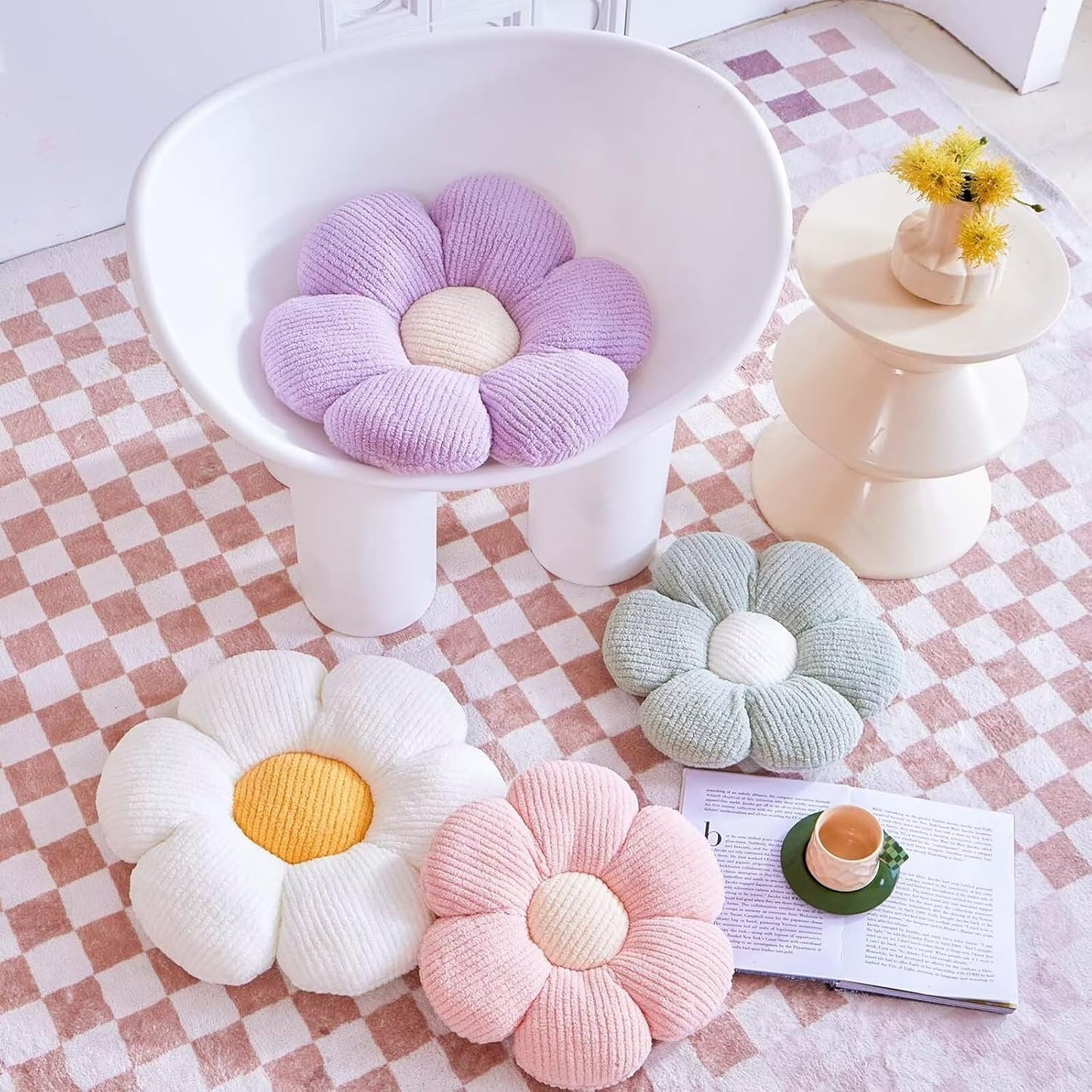 White Flower Decorative Throw Pillow for Bed Couch, Cute Daisy Shaped Plush Aesthetic Pillow, Soft 19.6" Floor Pillow Seat Cushion