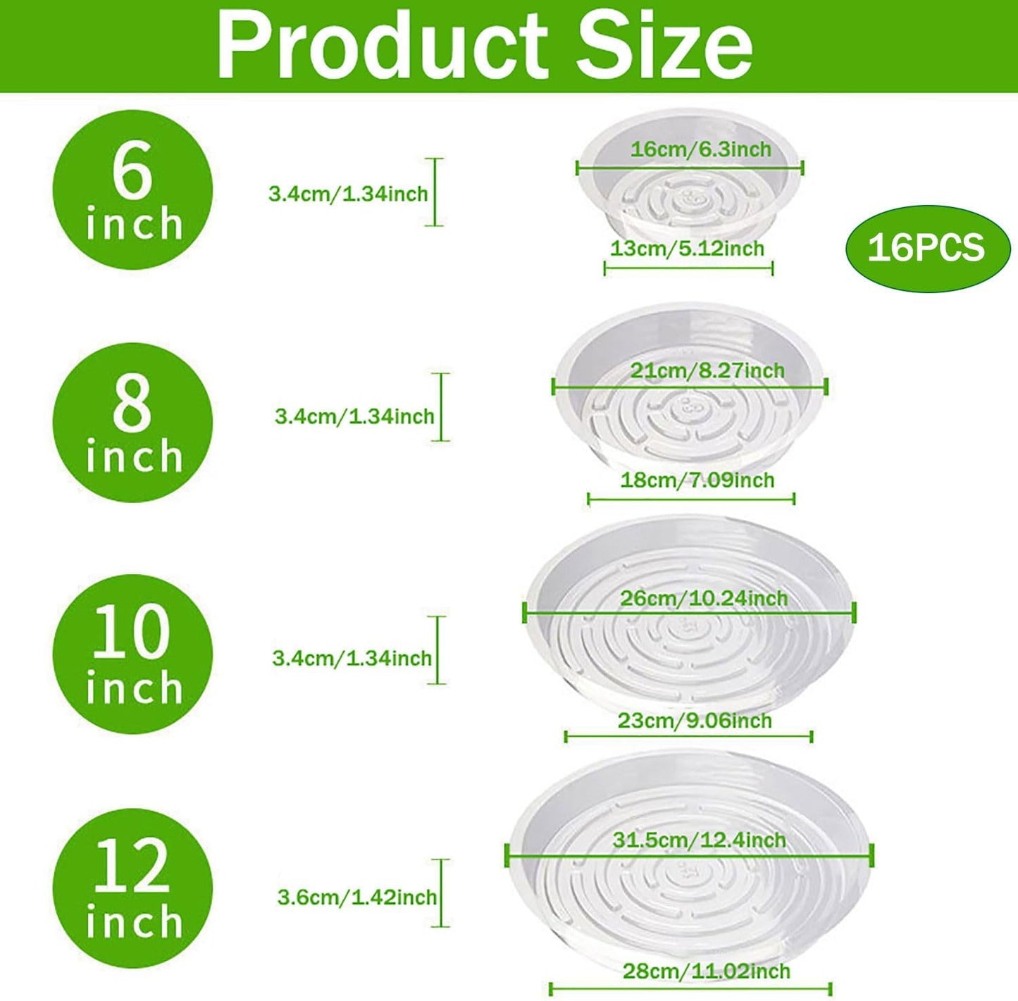 16Pcs Plant Saucer, Heavy Duty Clear Plastic Plant Tray, Durable Round Flower Pot Saucer, Large Plant Dishes Saucer, Planter Water Drip Trays for Indoor Outdoor Garden Potted