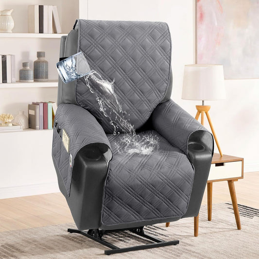100% Waterproof Recliner Chair Cover Nonslip Stay in Place Electric Power Lift Slipcovers Fitted Standard Large with Side Pocket,Grey/Beige Grey/Beige -