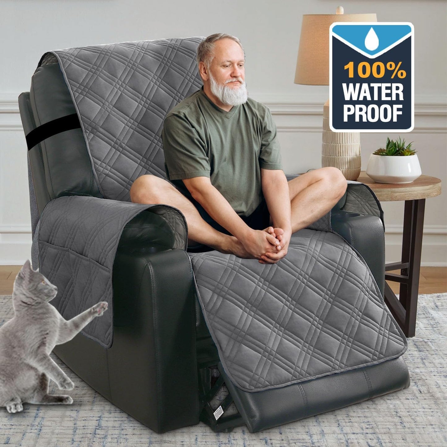100% Waterproof Recliner Chair Cover Nonslip Stay in Place Electric Power Lift Slipcovers Fitted Standard Large with Side Pocket,Grey/Beige Grey/Beige -