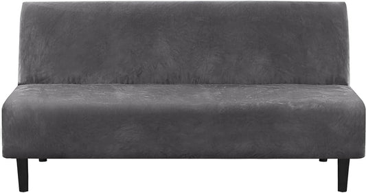 Real Velvet Futon Cover Armless Sofa Covers Bed Stretch Couch Slipcover Furniture Protector Thick Soft Fabric Form Fitted Stay in Place, Grey -