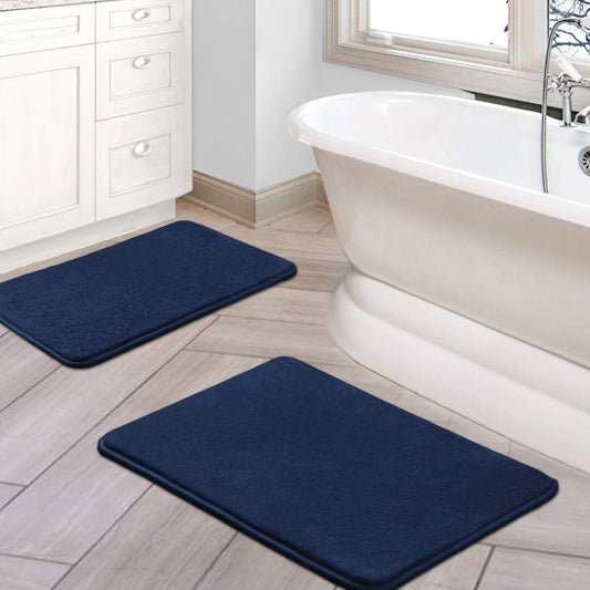 Bath Mat Memory Foam Set Bathroom Rug Flannel Velvety Luxury Extra Soft and Absorbent Non Slip Rugs for Bathroom/Bedroom Washable(2 Pack- 20"x 32"/ 17"x 24", Navy) Navy 20" x 32" Plus 17" 24"