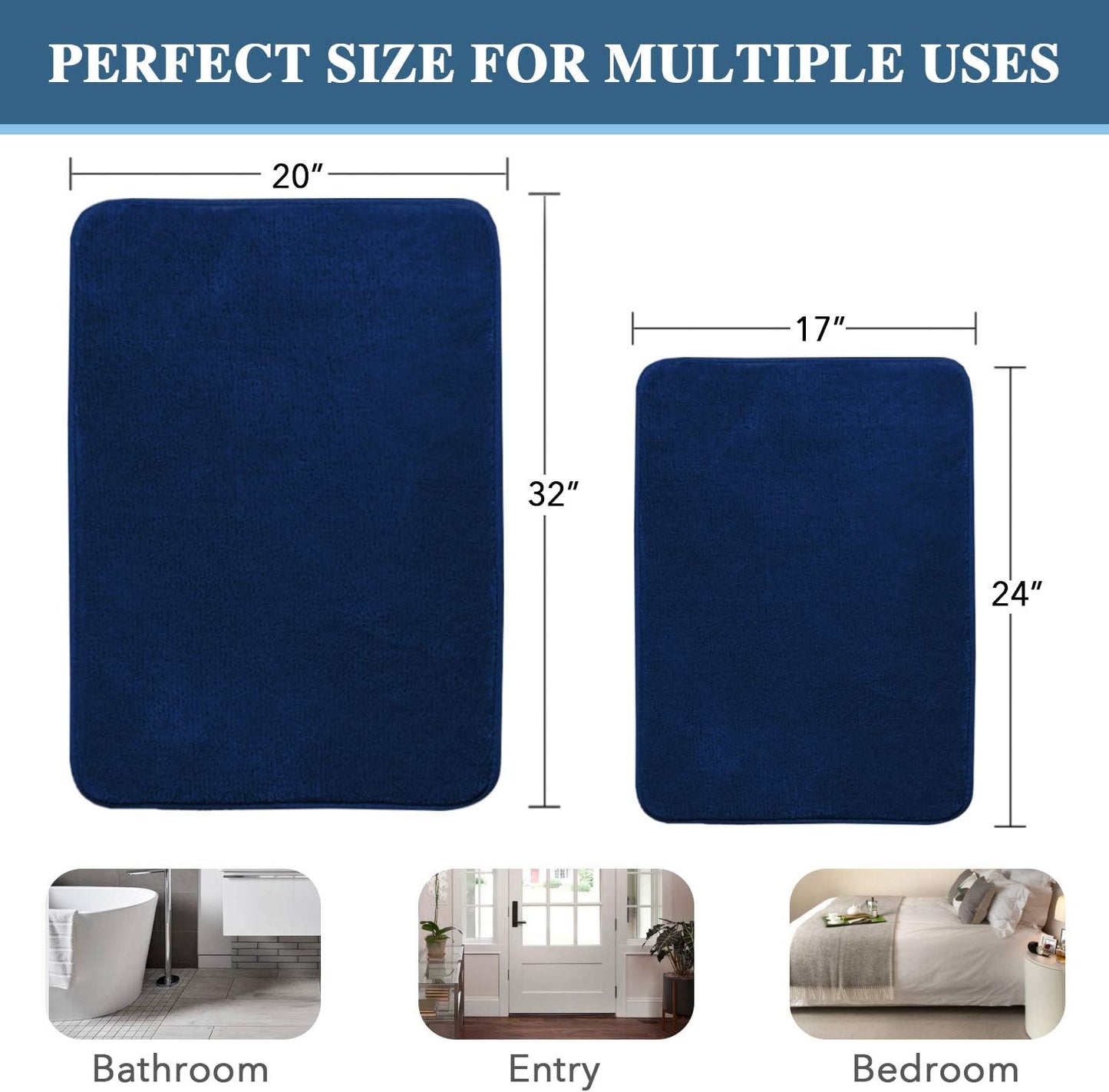 Bath Mat Memory Foam Set Bathroom Rug Flannel Velvety Luxury Extra Soft and Absorbent Non Slip Rugs for Bathroom/Bedroom Washable(2 Pack- 20"x 32"/ 17"x 24", Navy) Navy 20" x 32" Plus 17" 24"
