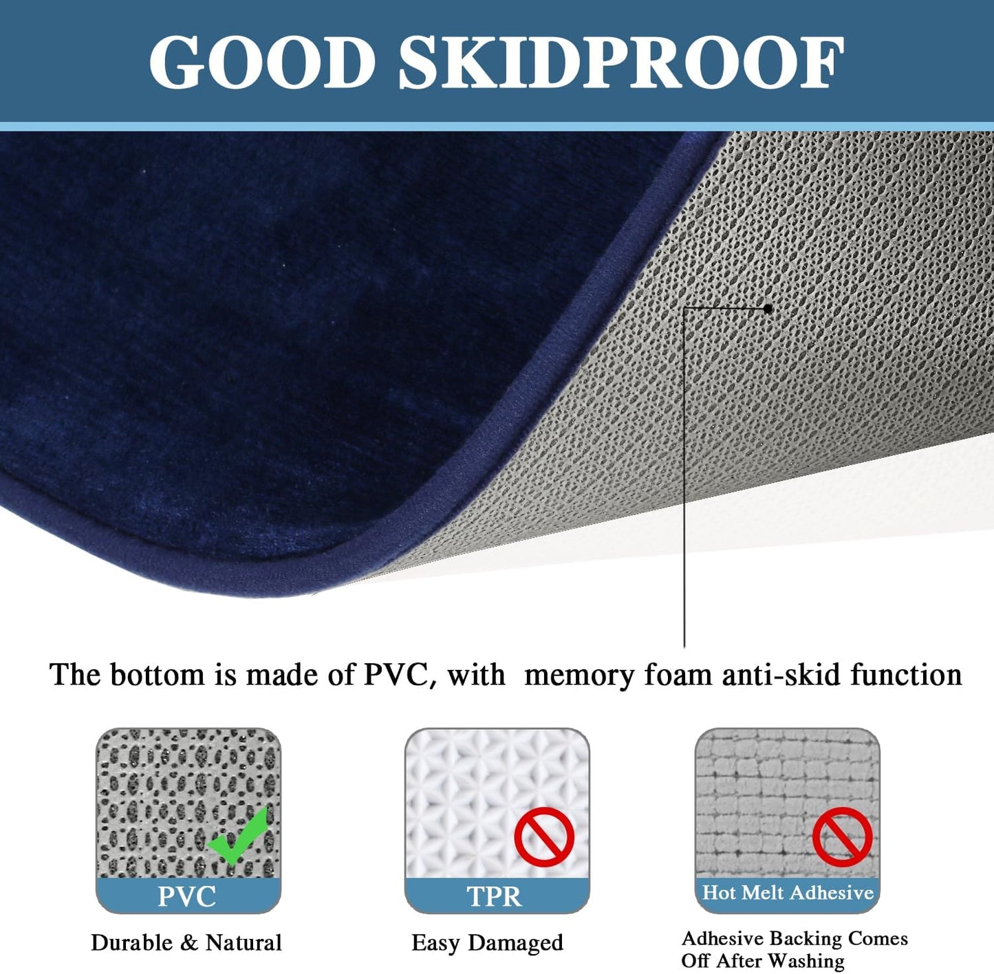 Bath Mat Memory Foam Set Bathroom Rug Flannel Velvety Luxury Extra Soft and Absorbent Non Slip Rugs for Bathroom/Bedroom Washable(2 Pack- 20"x 32"/ 17"x 24", Navy) Navy 20" x 32" Plus 17" 24"